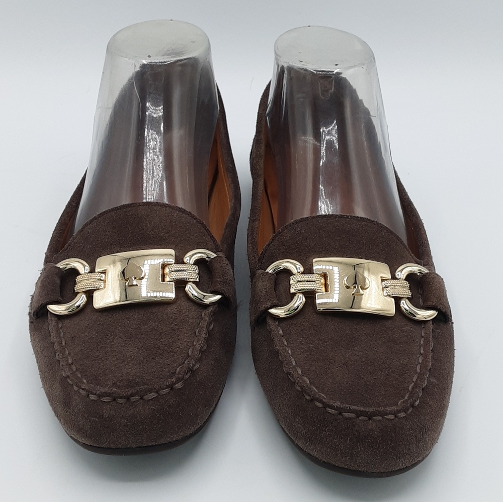 Kate Spade Brown Suede Loafers with Gold Tone Hardware.